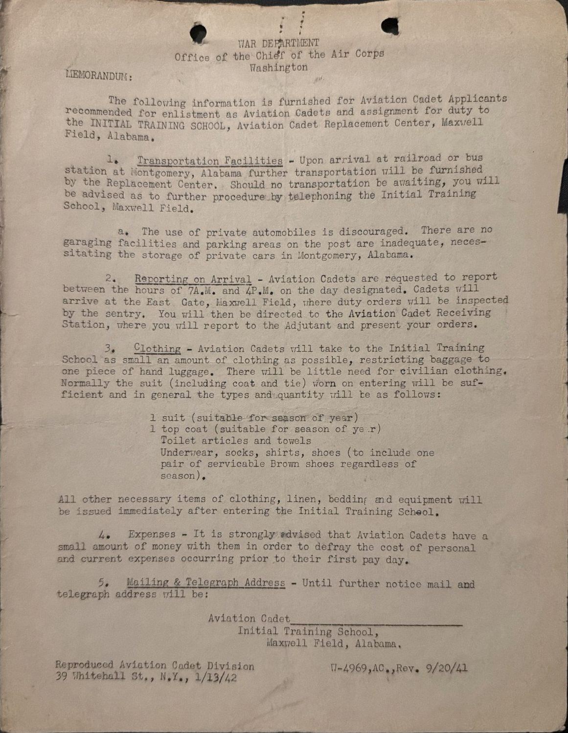 Page 1 of Aviation cadet reporting instructions, scanned