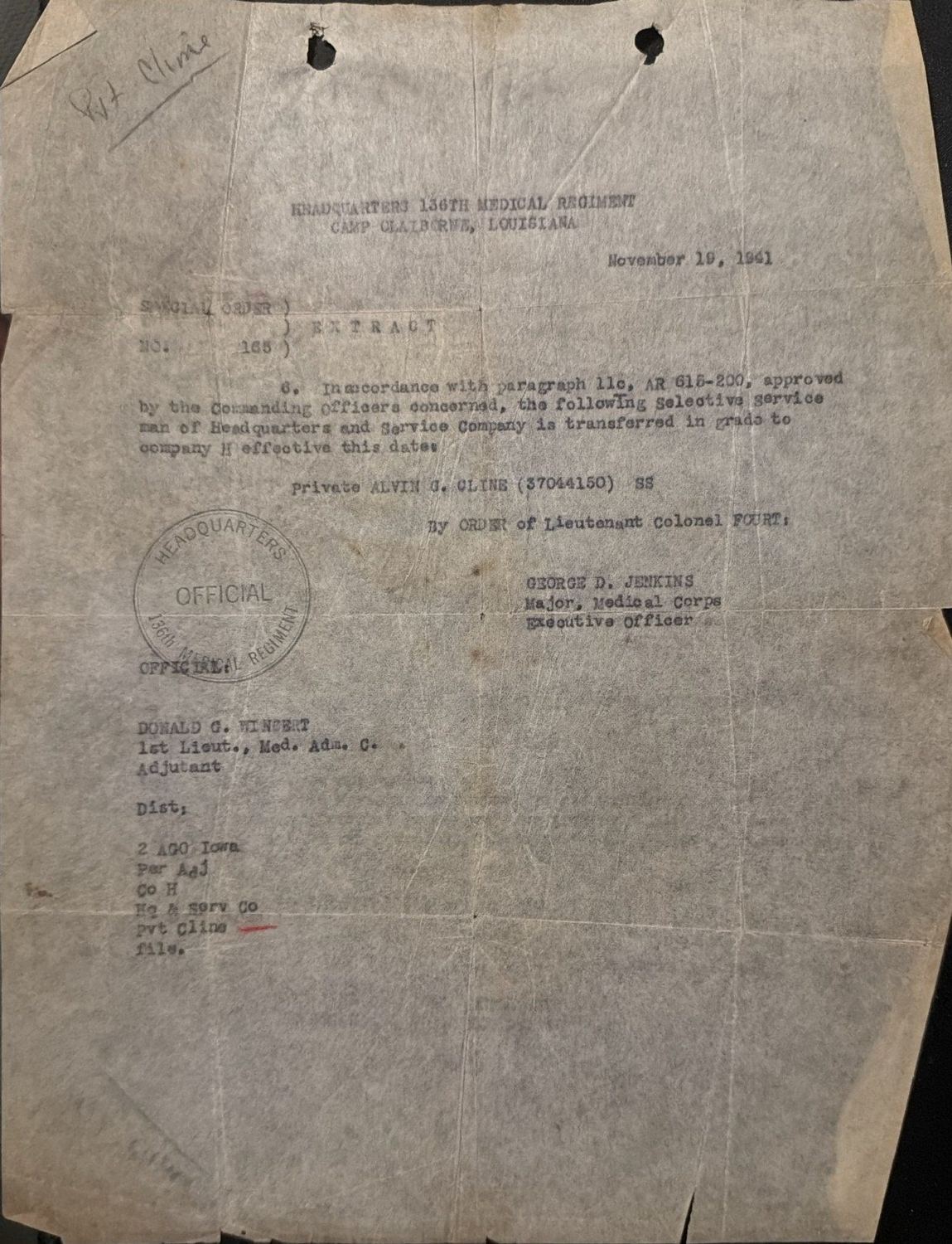 Page 1 of Special Orders 165, 136th Medical Regiment, scanned