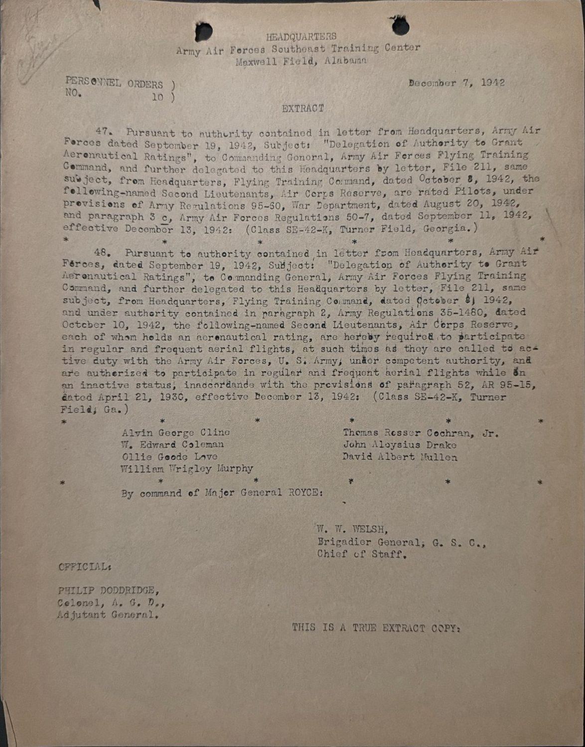 Page 1 of Personnel Orders 10 — rated Pilot, scanned