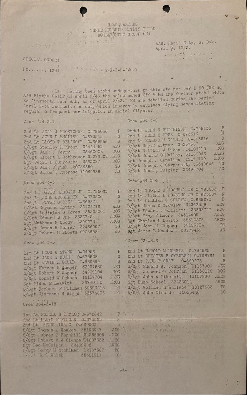 Page 1 of Special Orders 120, 383rd Bombardment Group, scanned