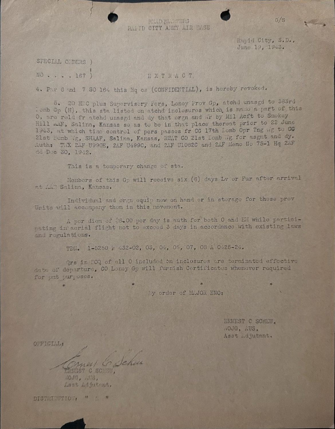 Page 1 of Special Orders 167, Rapid City Army Air Base, scanned