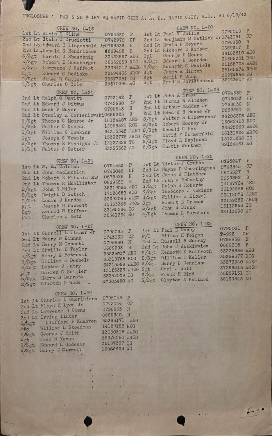 Page 3 of Special Orders 167, Rapid City Army Air Base, scanned