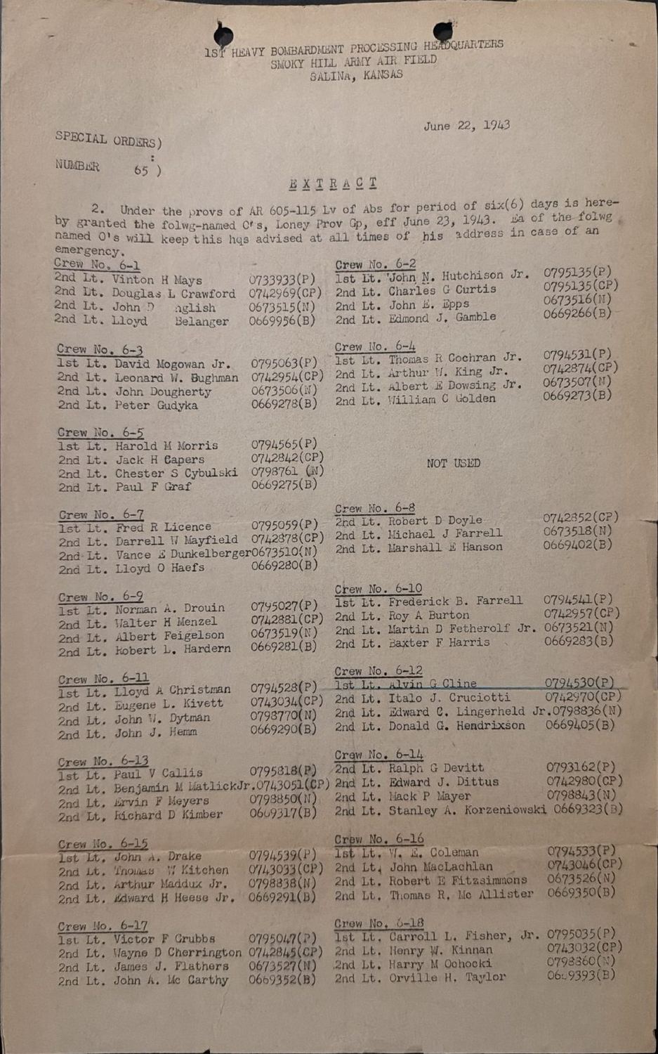 Page 1 of Special Orders 65, Smoky Hill Army Air Field, scanned