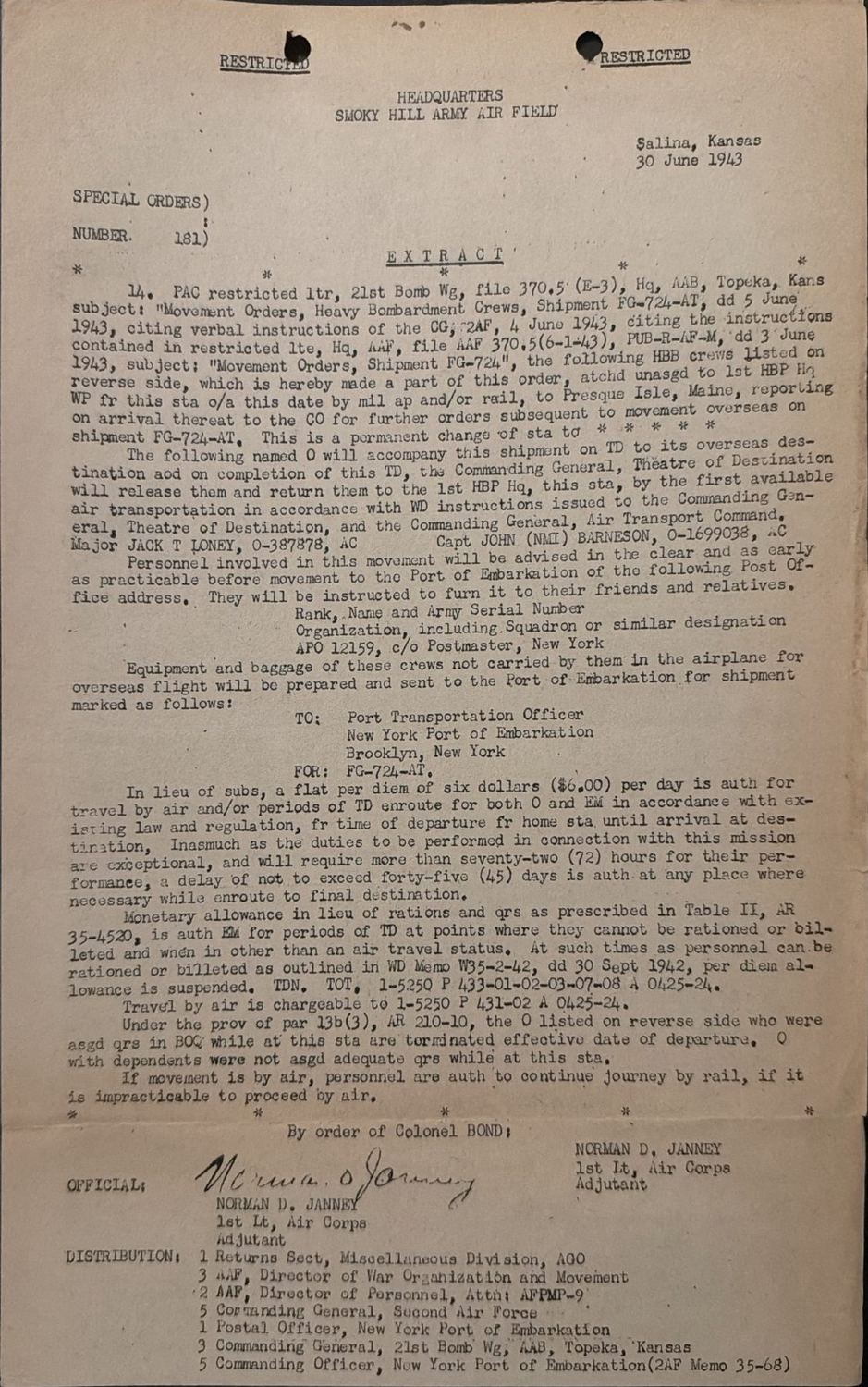 Page 1 of Special Orders 181 — movement overseas, scanned