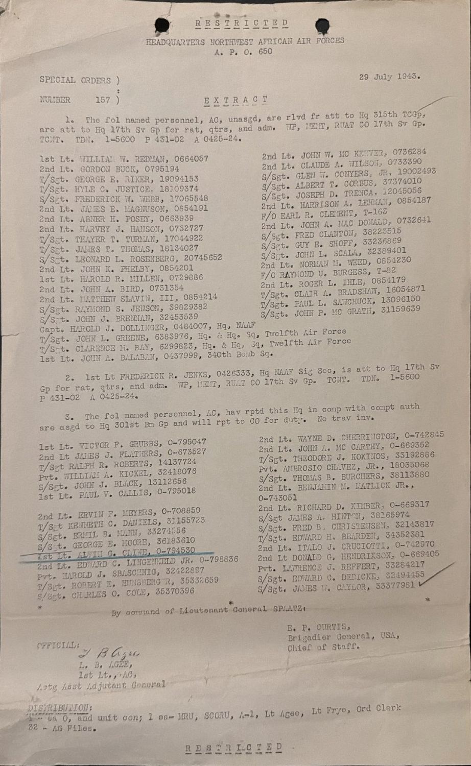 Page 1 of Special Orders 157, Northwest African Air Forces, scanned