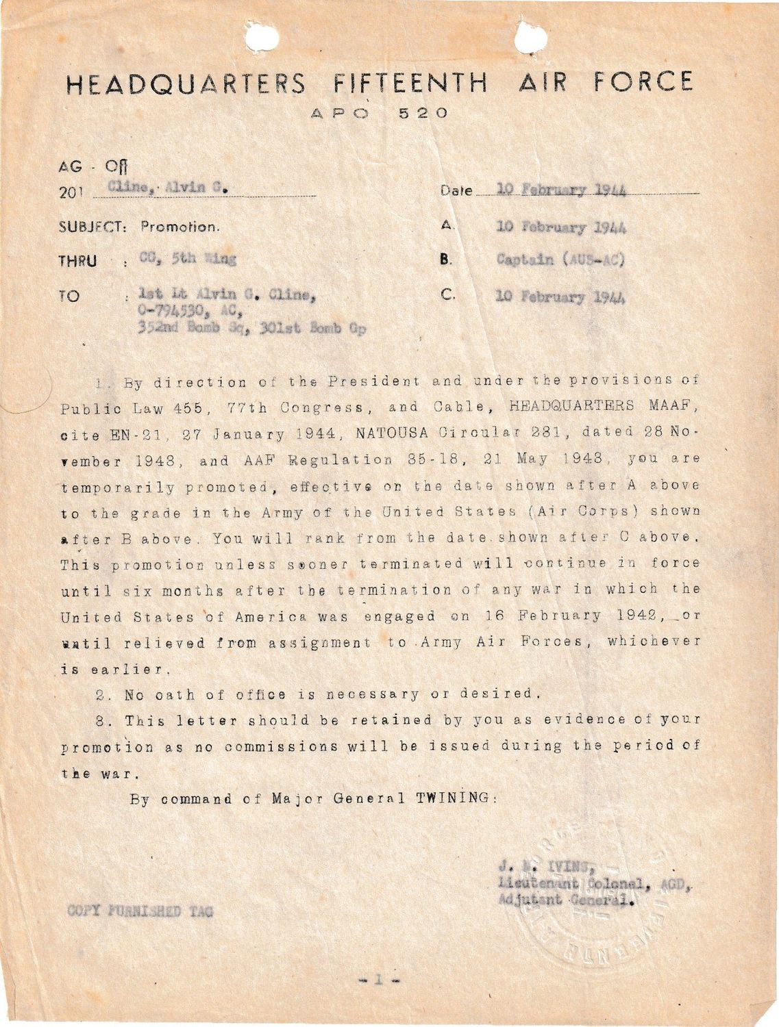 Page 1 of Promotion to Captain, scanned