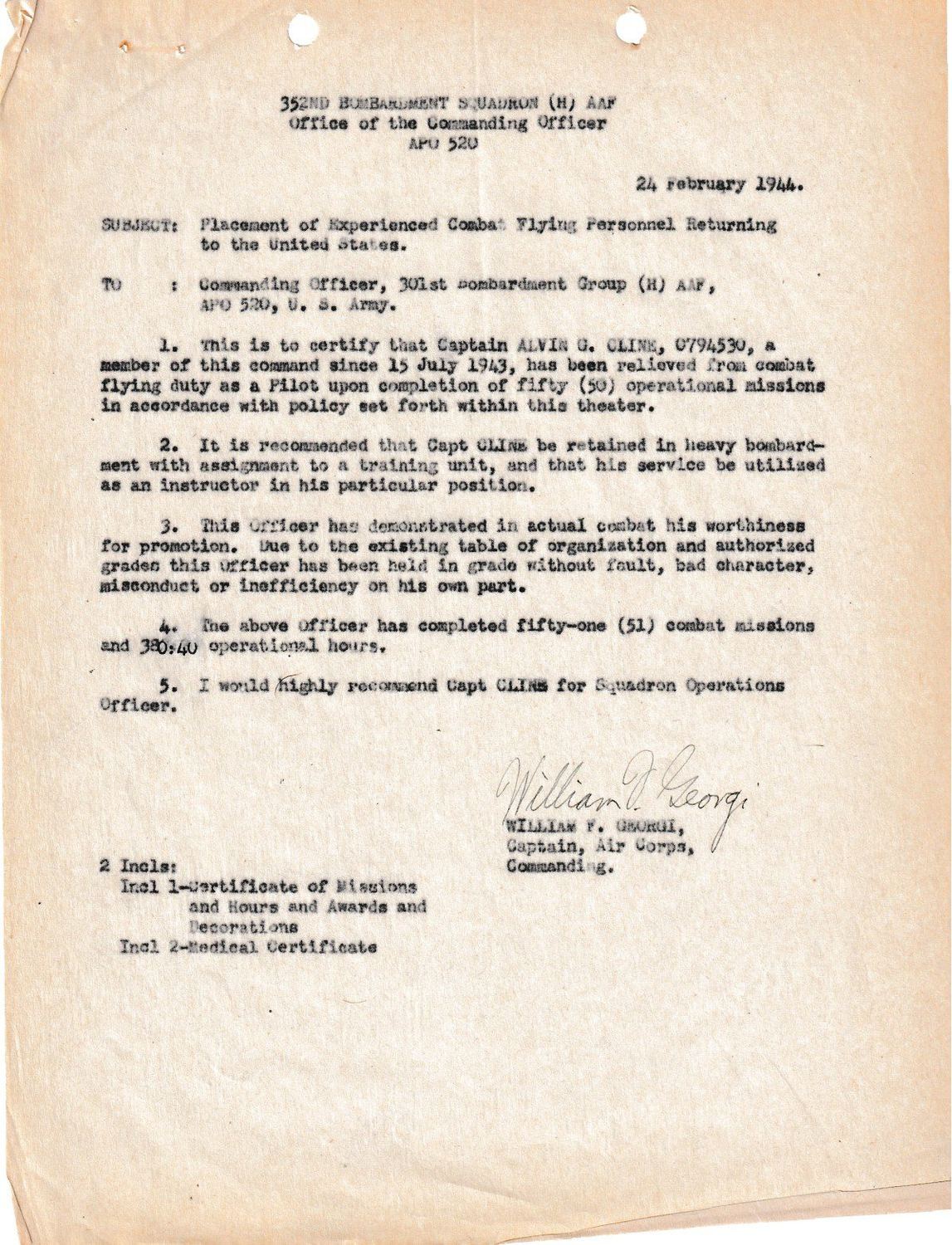 Page 1 of Placement file — 24 February 1944, scanned
