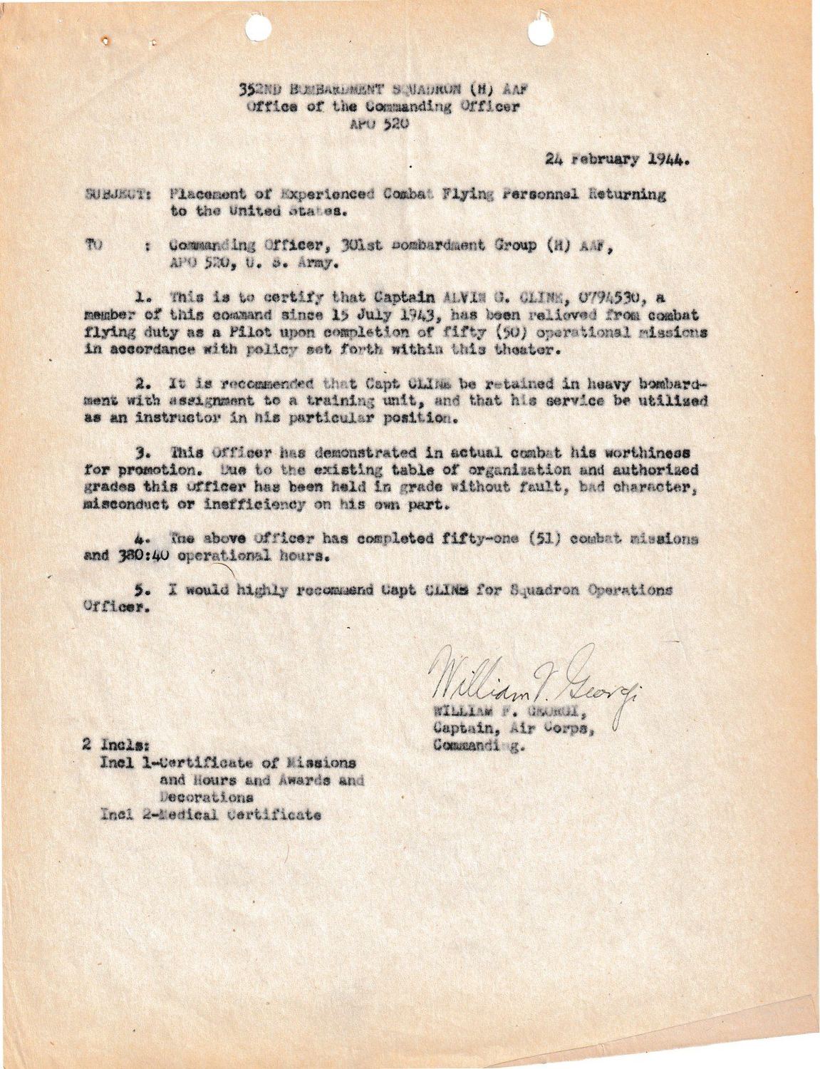 Page 2 of Placement file — 24 February 1944, scanned