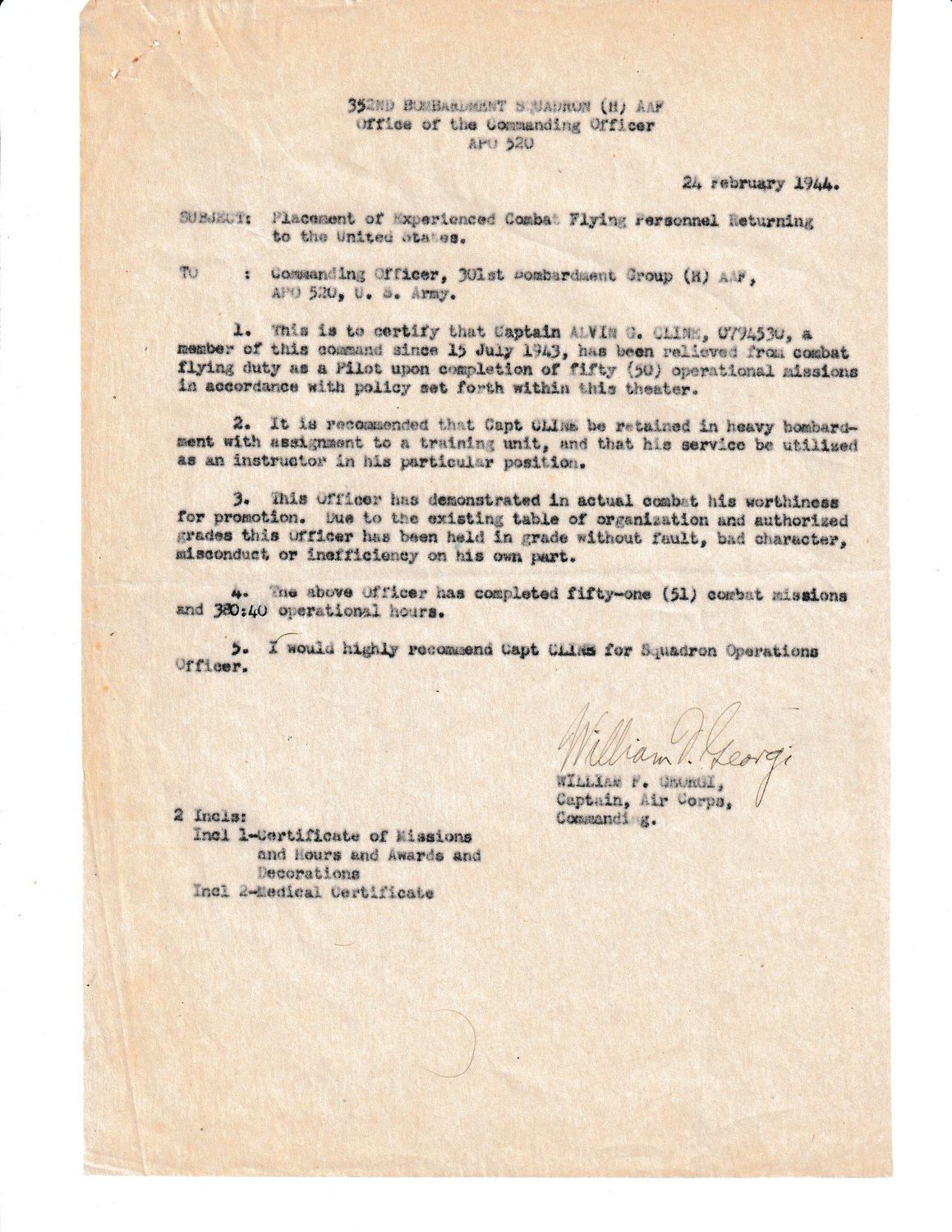 Page 1 of Placement of experienced combat flying personnel, scanned
