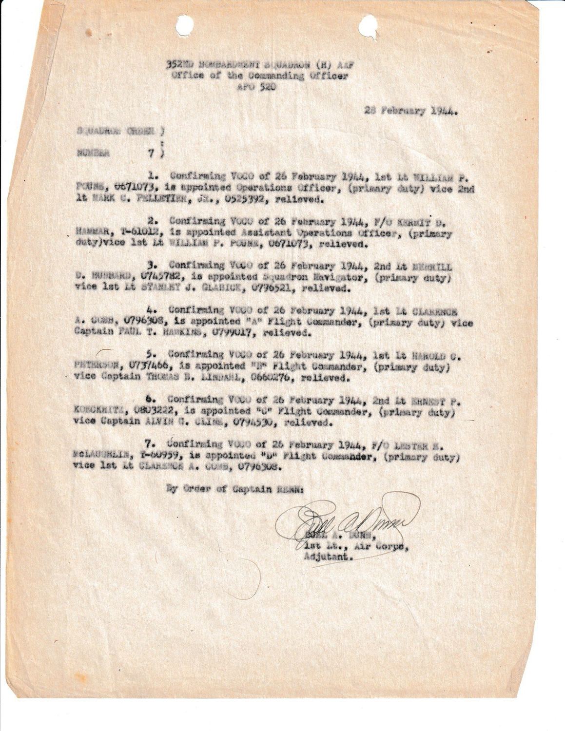 Page 1 of Squadron Order 7 — relieved as flight commander, scanned