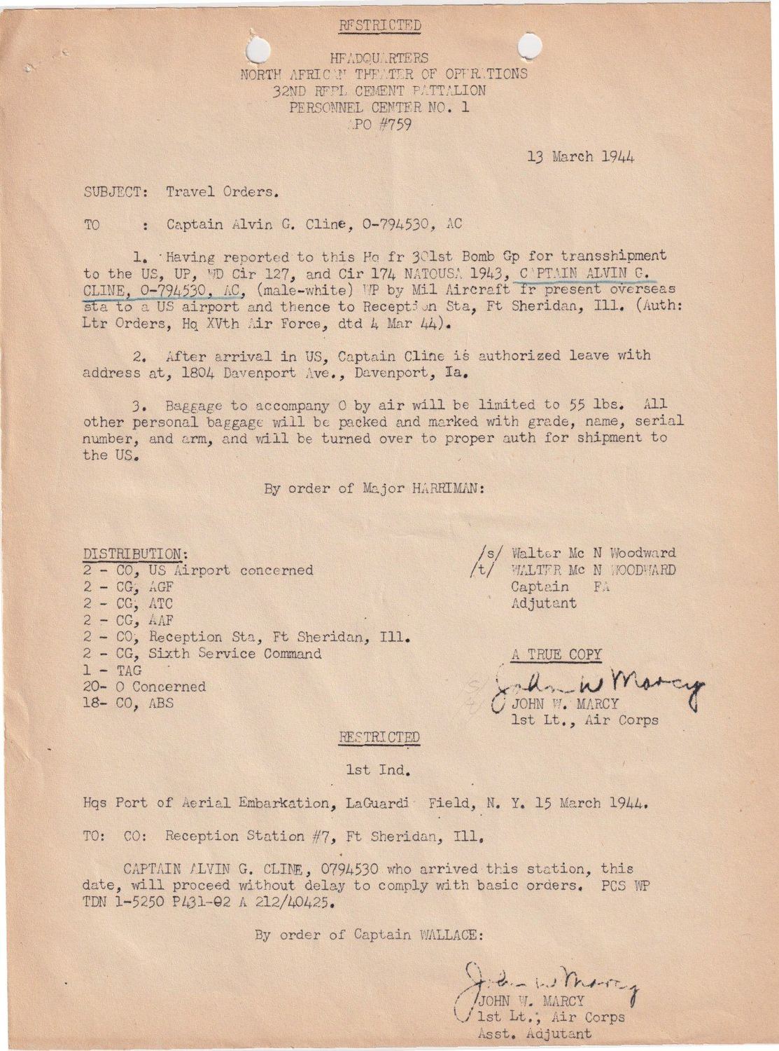 Page 1 of Travel orders — return to the United States, scanned