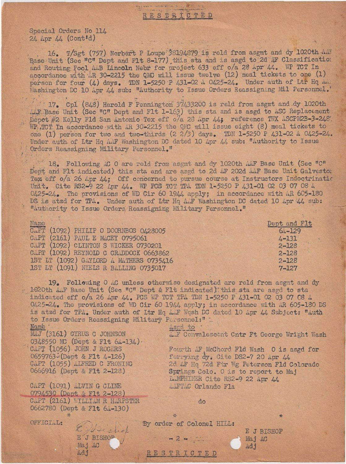 Page 2 of Special Orders 114 — to the AAF Tactical Center, scanned