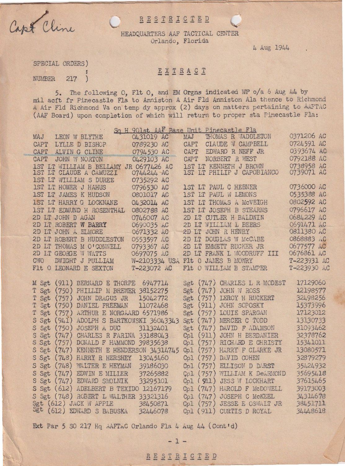 Page 1 of Special Orders 217, AAF Tactical Center, scanned