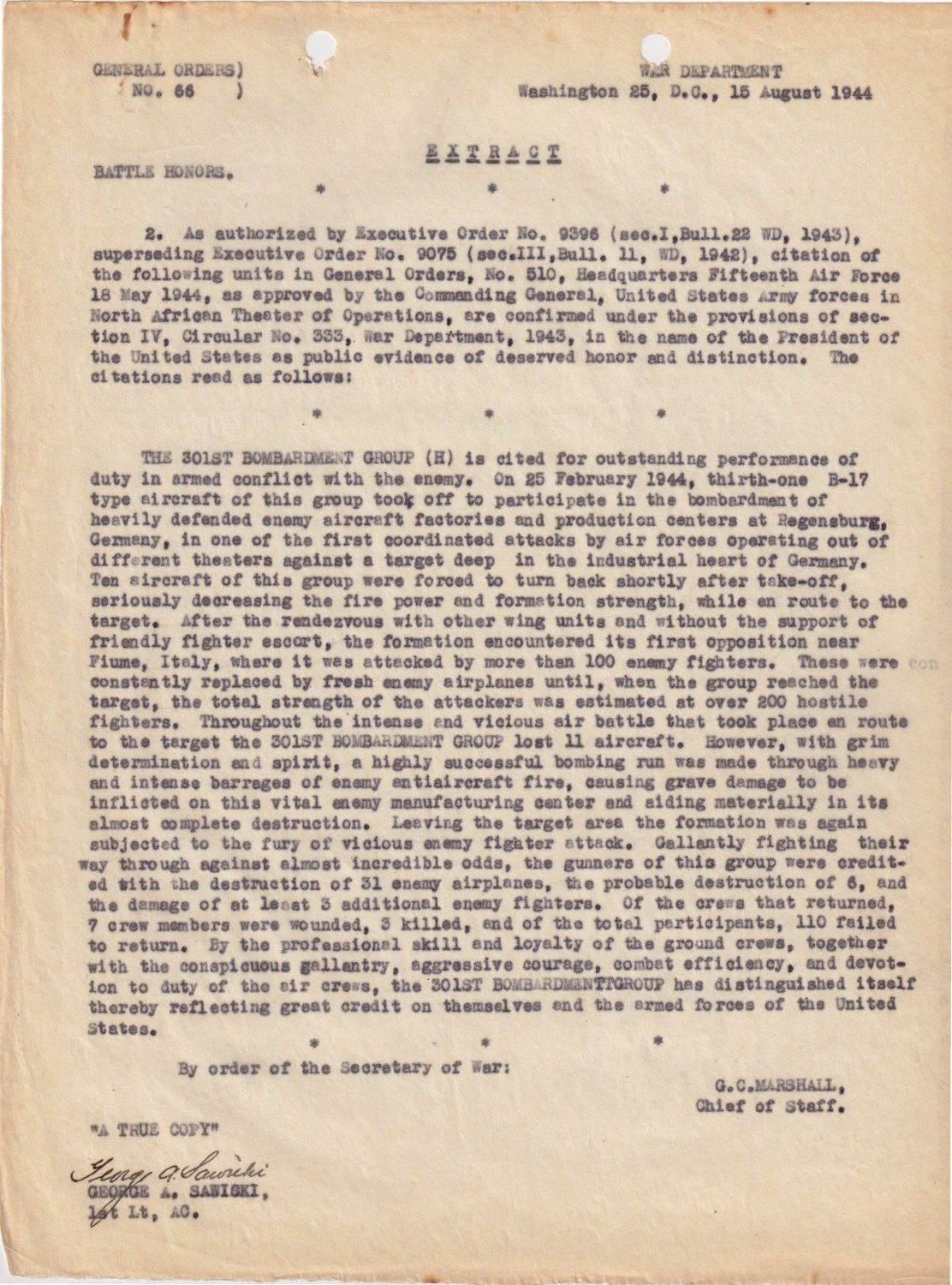 Page 1 of General Orders 66 — battle honors, scanned