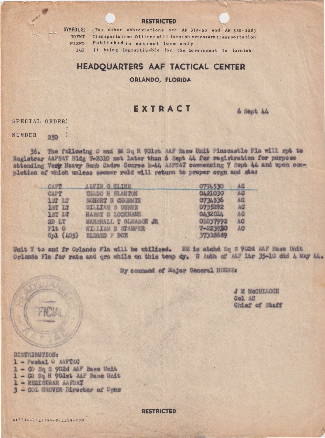 Page 1 of Special Orders 250, scanned