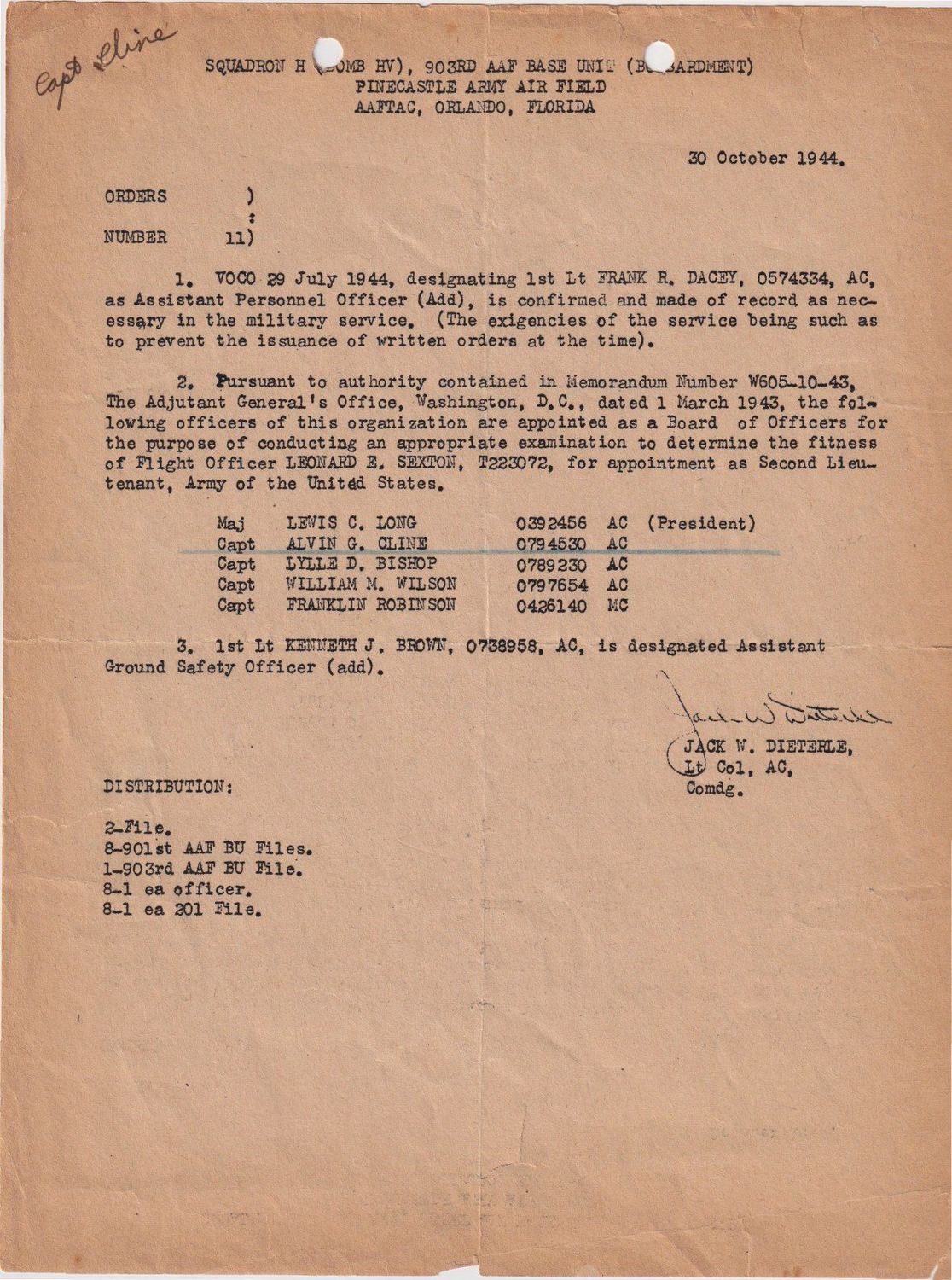 Page 1 of Squadron Orders 11, 903rd AAF Base Unit, scanned