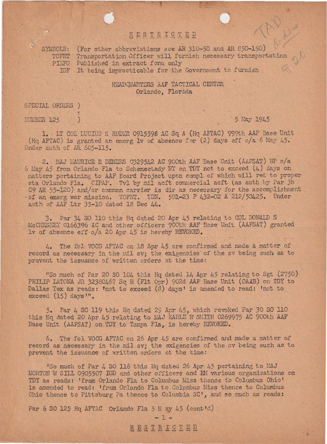 Page 1 of Special Orders 125, scanned