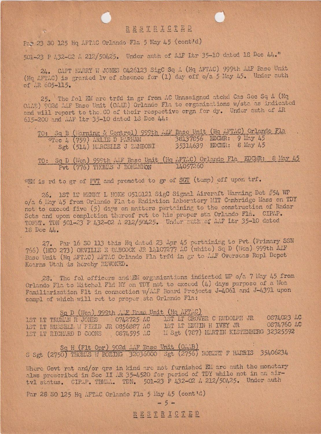 Page 5 of Special Orders 125, scanned