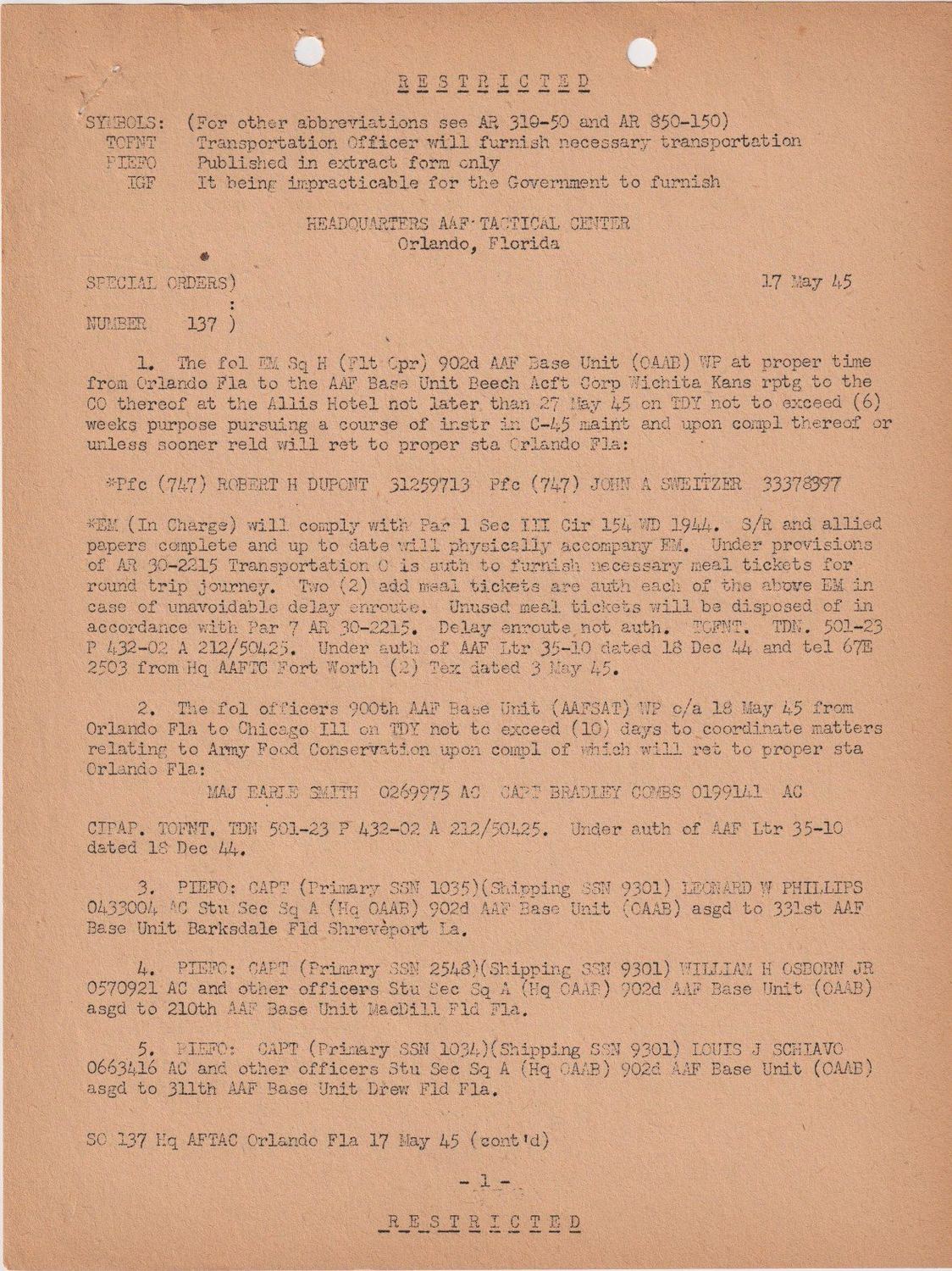 Page 1 of Special Orders 137, scanned