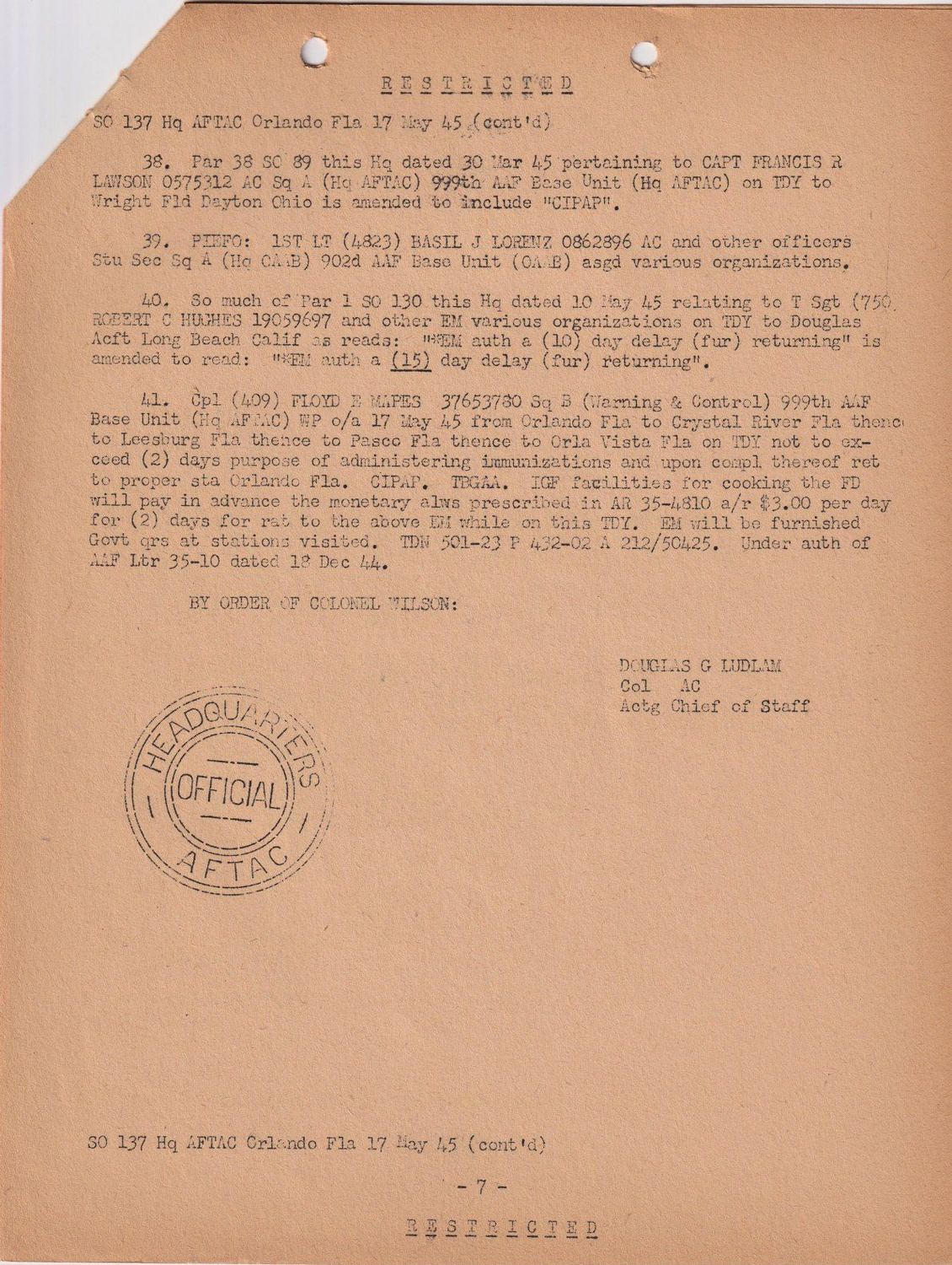 Page 7 of Special Orders 137, scanned