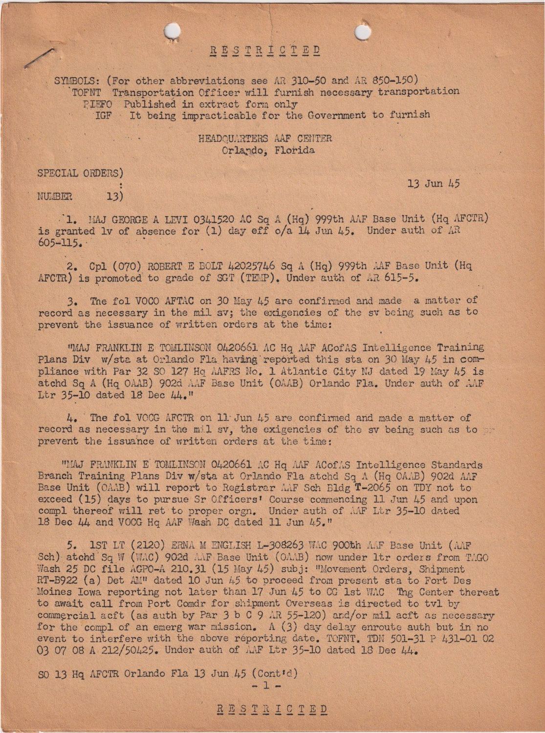 Page 1 of Special Orders 13, scanned