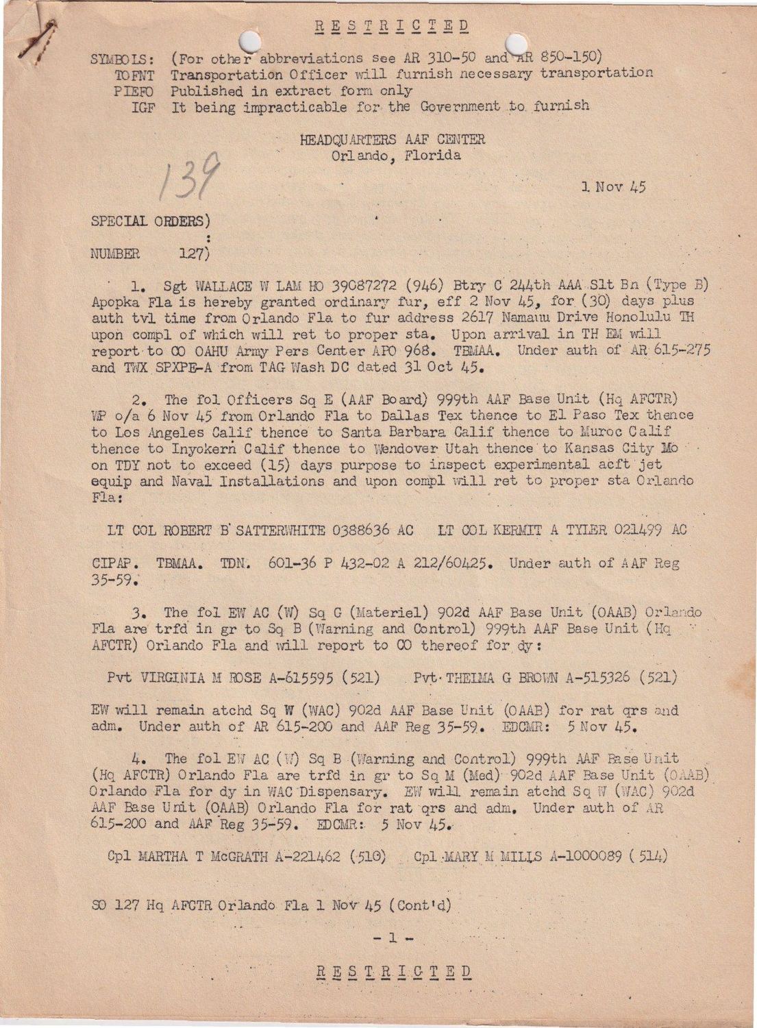 Page 1 of Special Orders 127, scanned