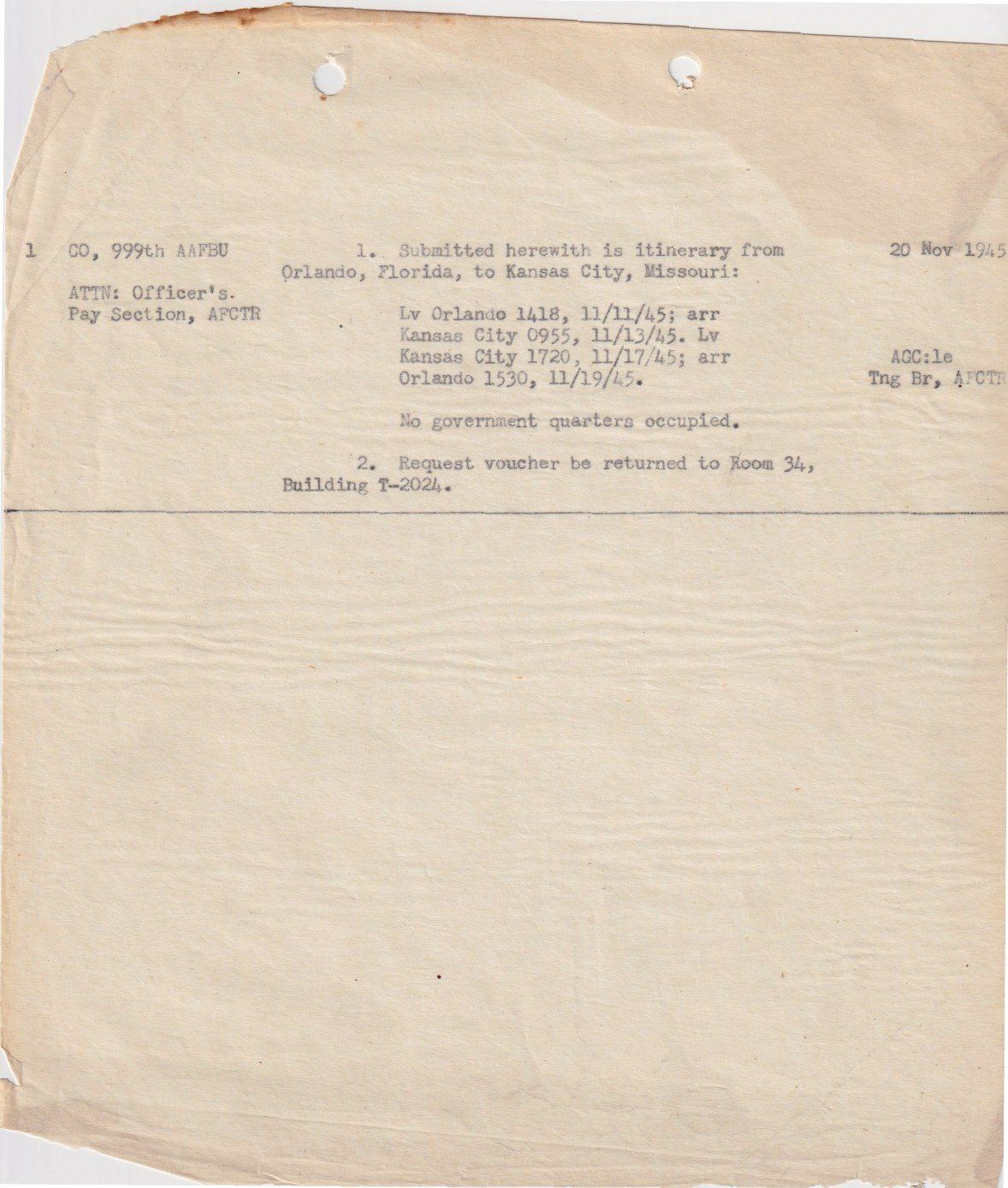 Page 1 of Itinerary — November 1945, scanned