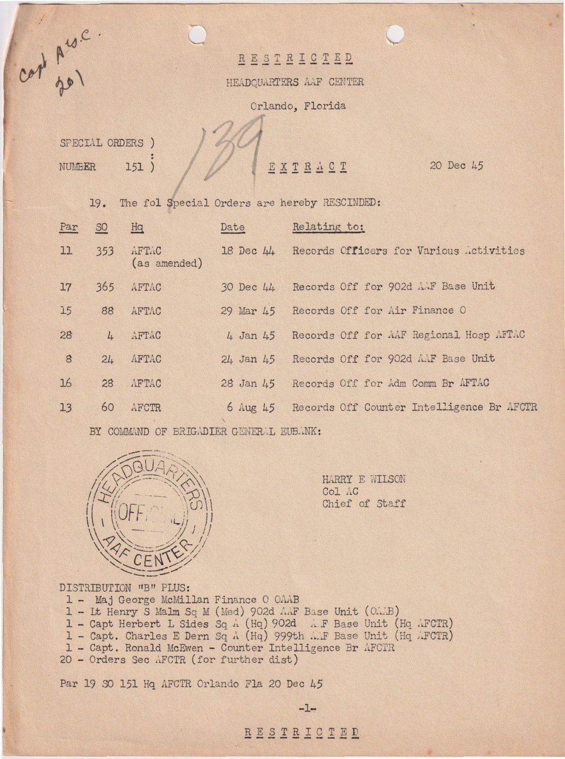 Page 1 of Special Orders 151, scanned