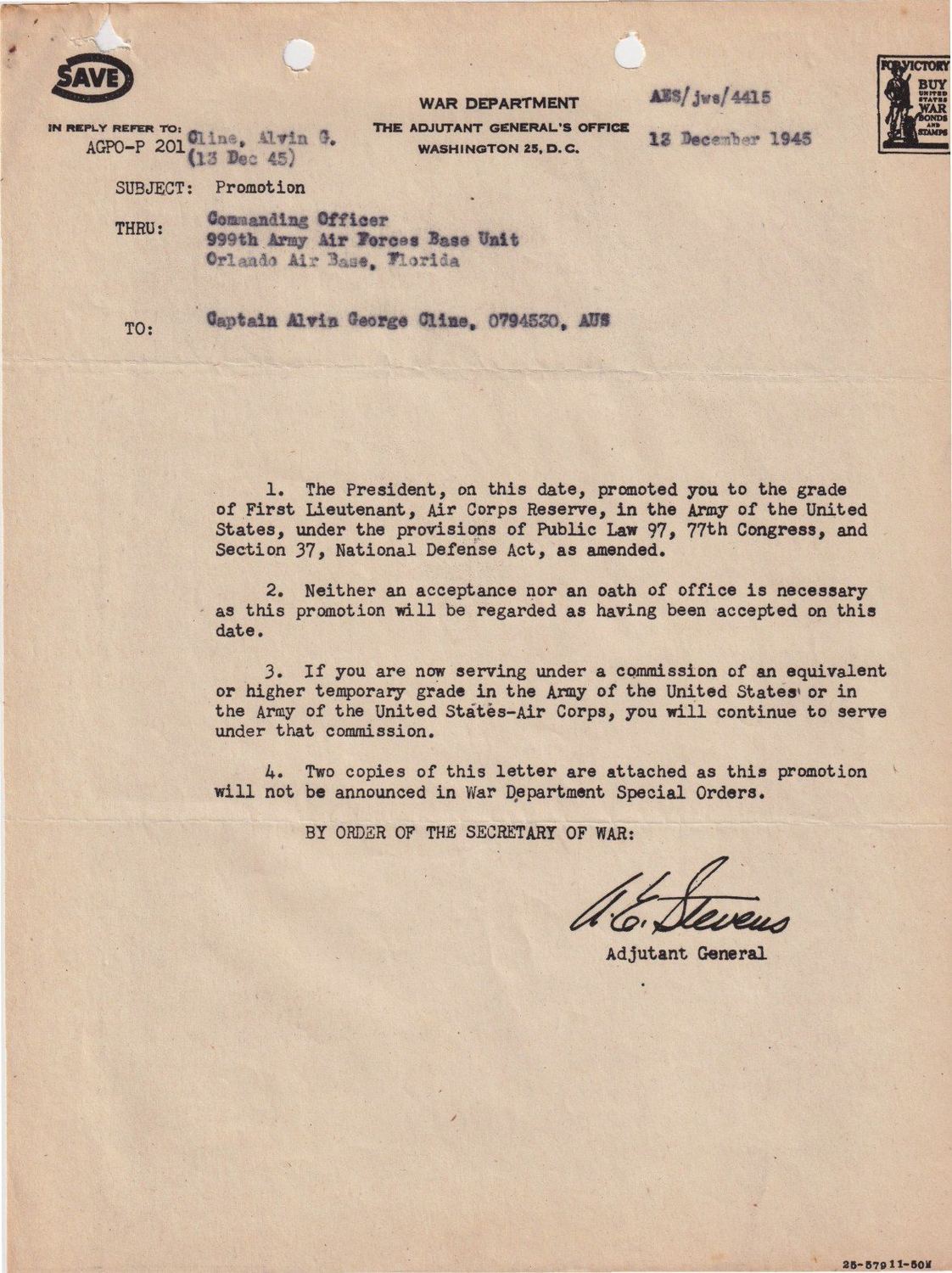 Page 1 of Promotion to First Lieutenant, Air Corps Reserve, scanned