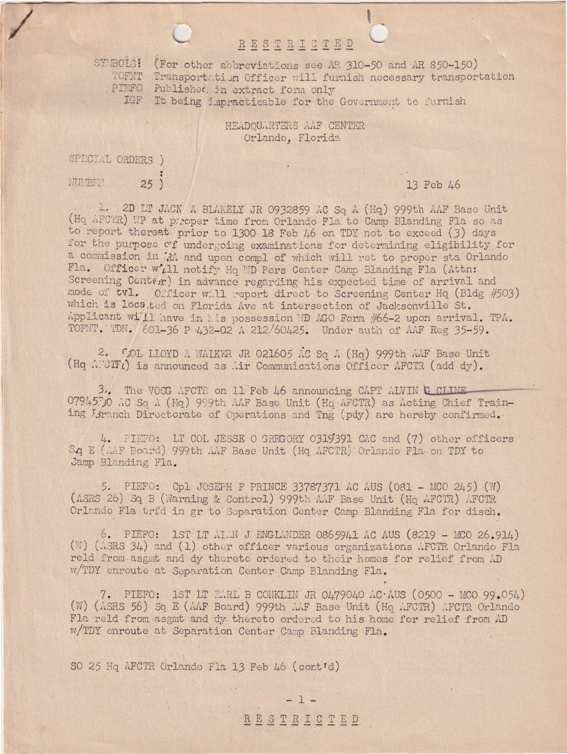Page 1 of Special Orders 25, scanned