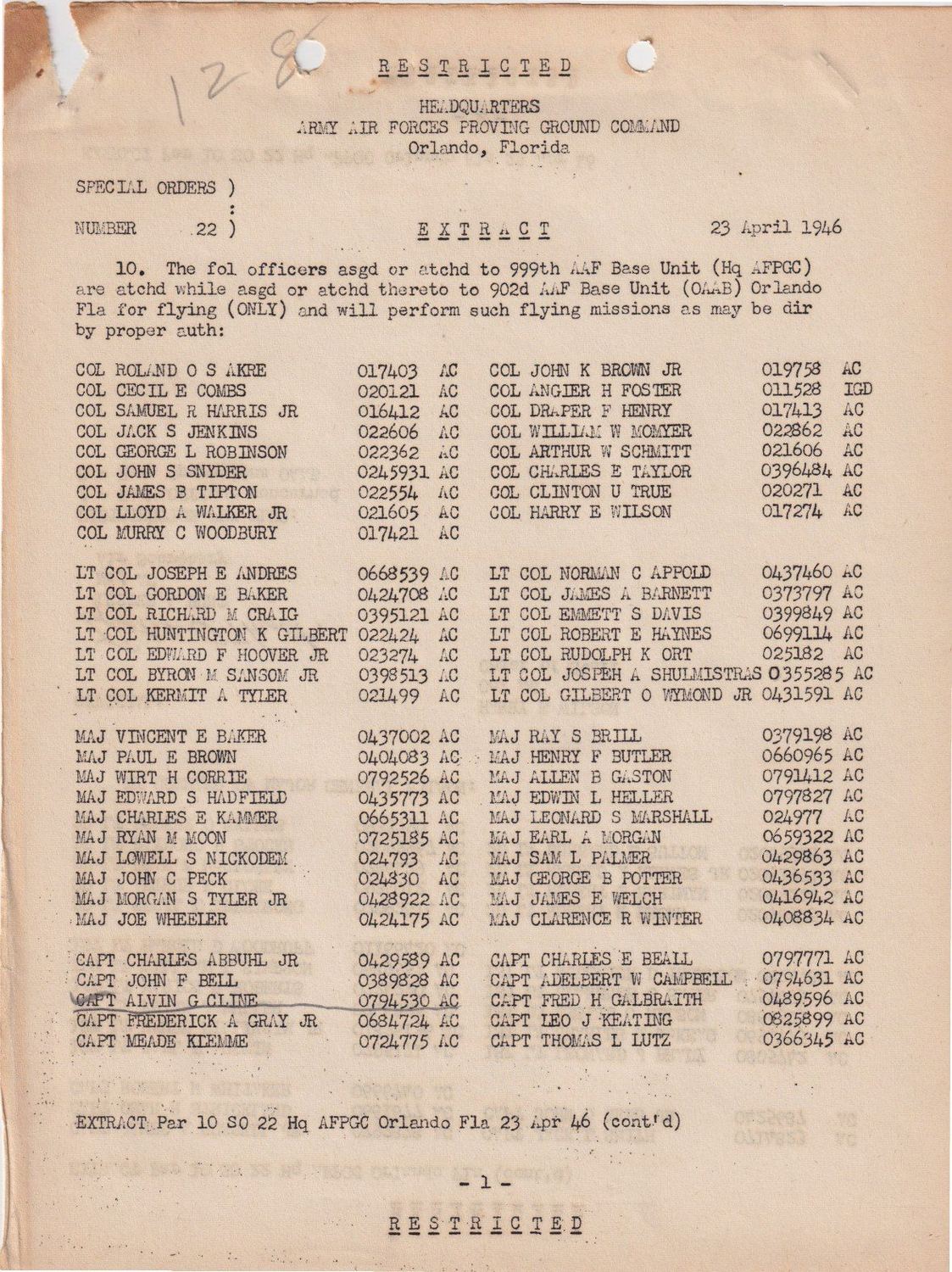 Page 1 of Special Orders 22, scanned