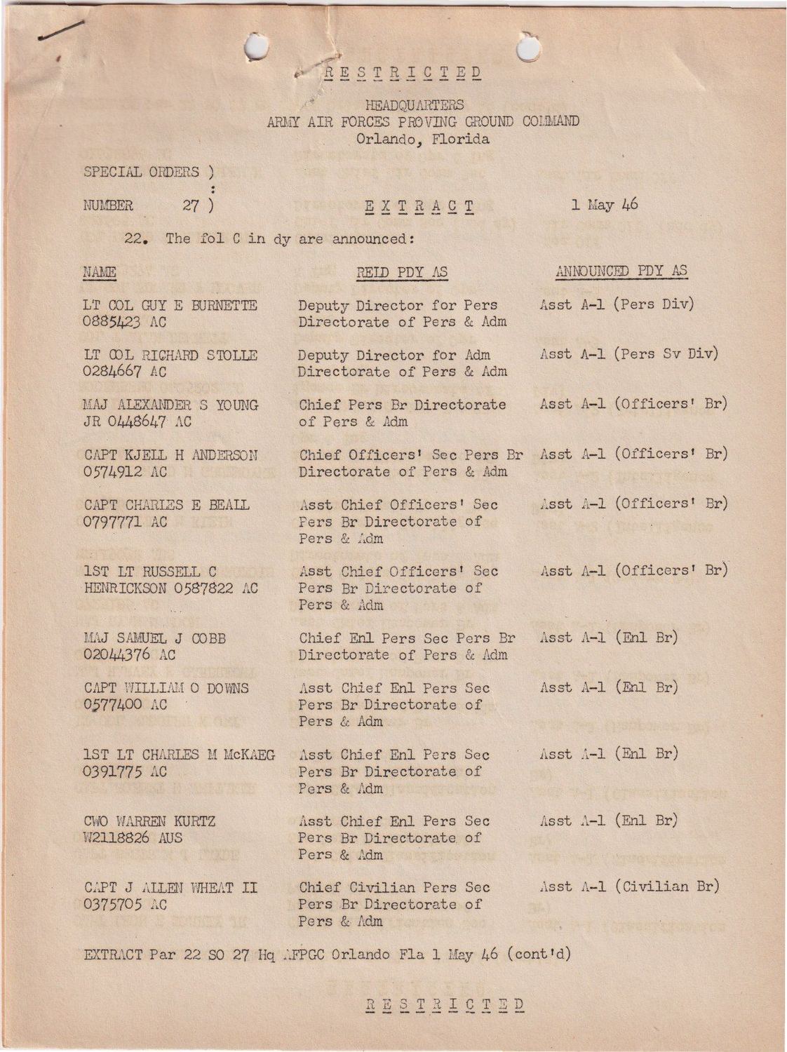 Page 1 of Special Orders 27, scanned