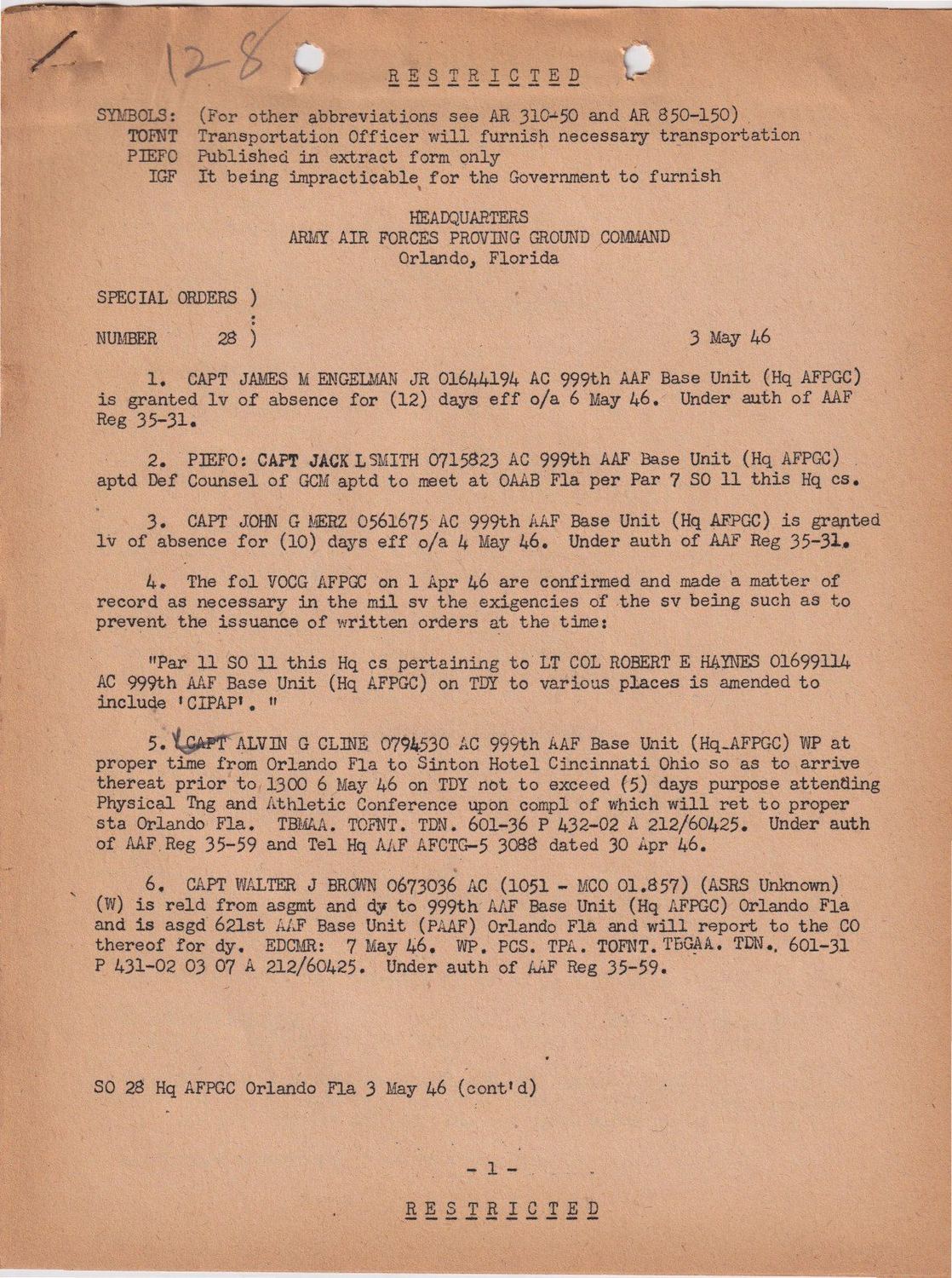 Page 1 of Special Orders 28, scanned