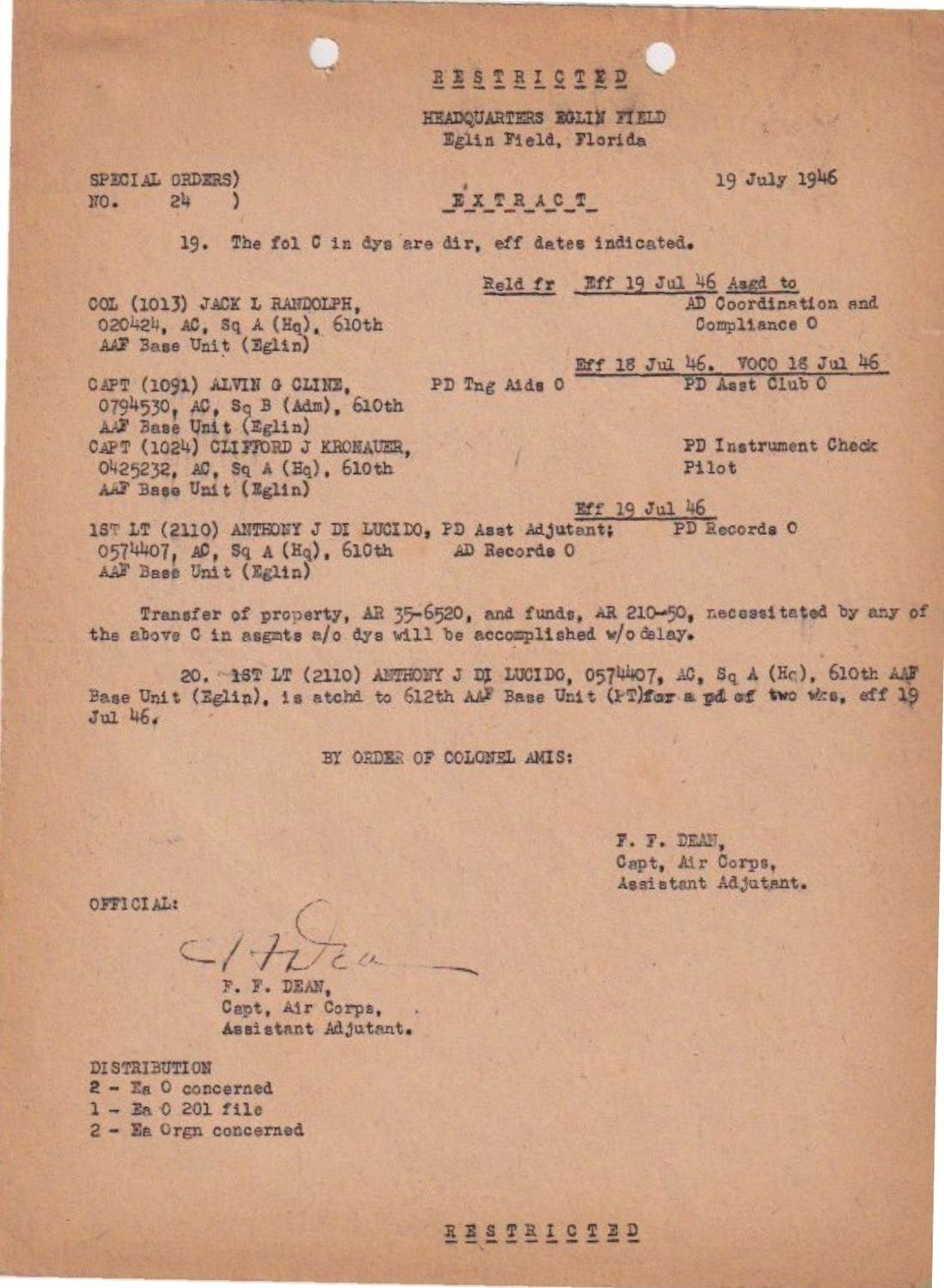 Page 1 of Special Orders 24, Eglin Field, scanned