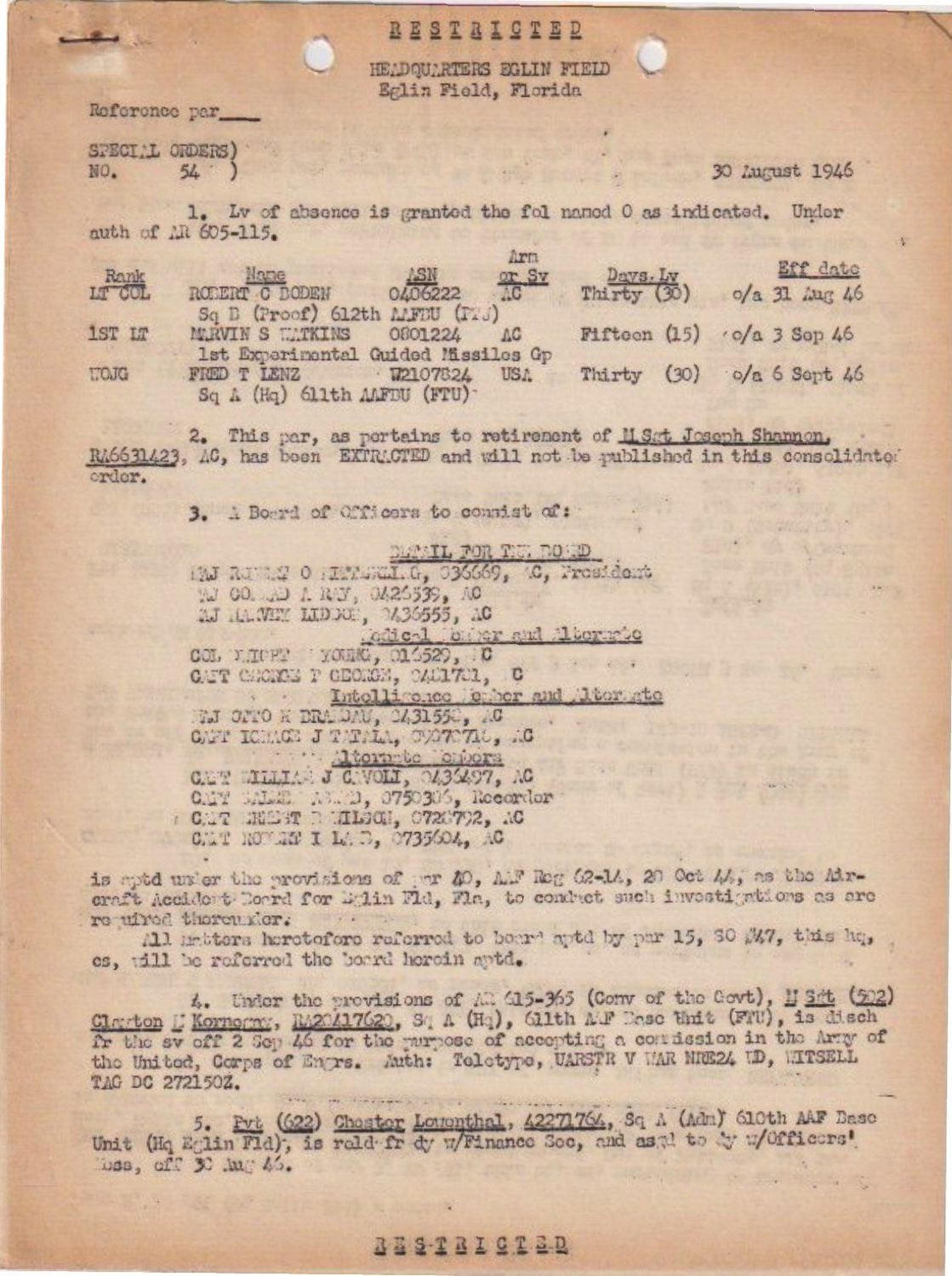 Page 1 of Special Orders 54, Eglin Field, scanned