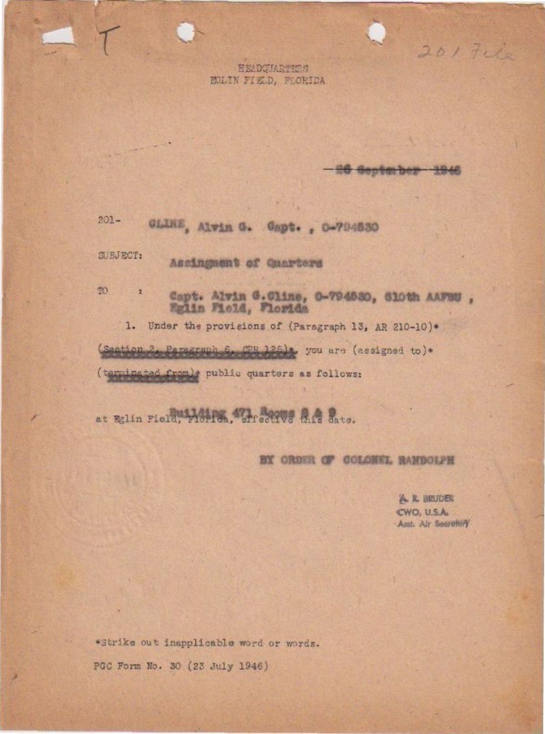Page 1 of Assigned quarters, Eglin Field, scanned