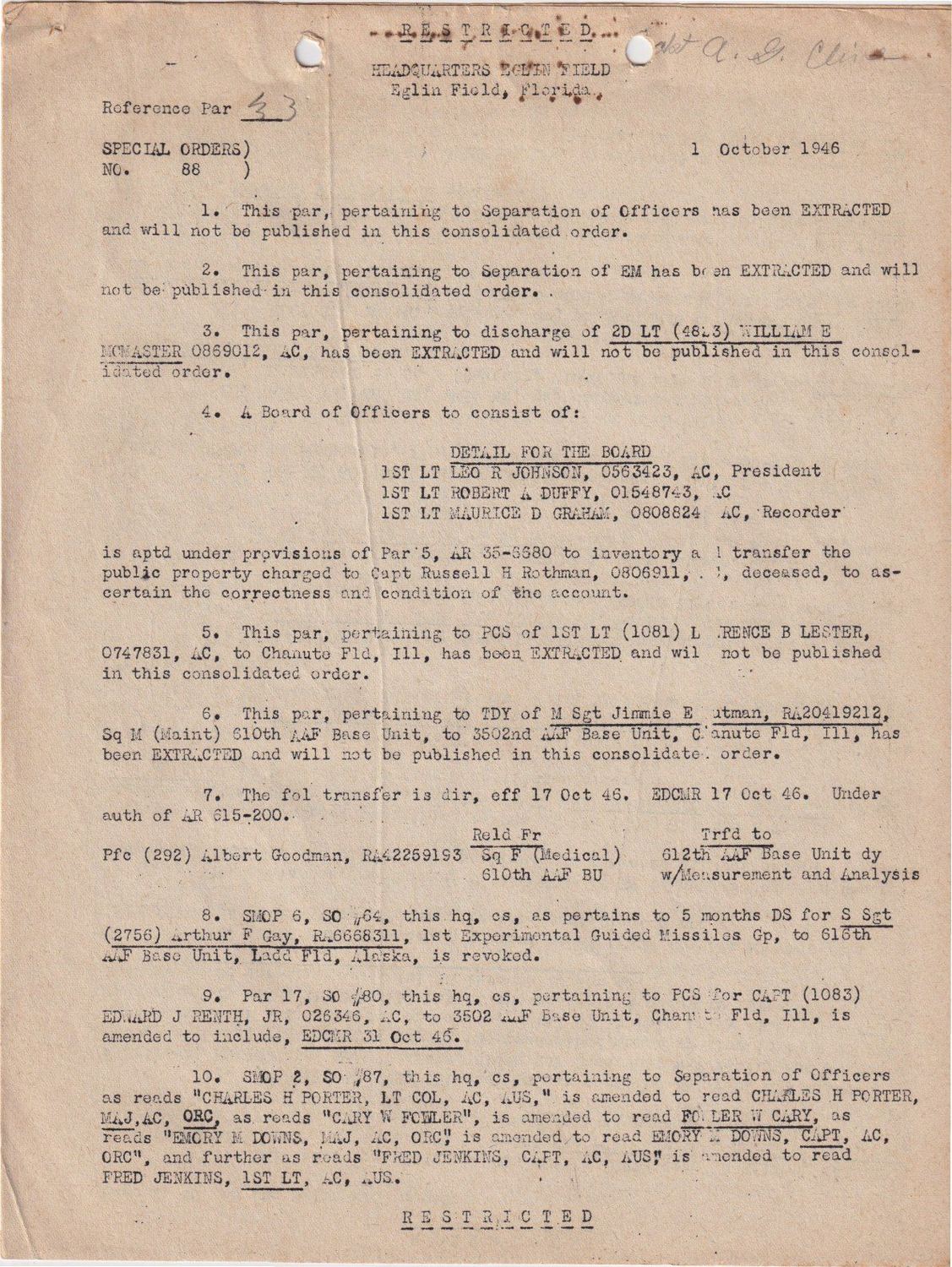 Page 1 of Special Orders 88, Eglin Field, scanned