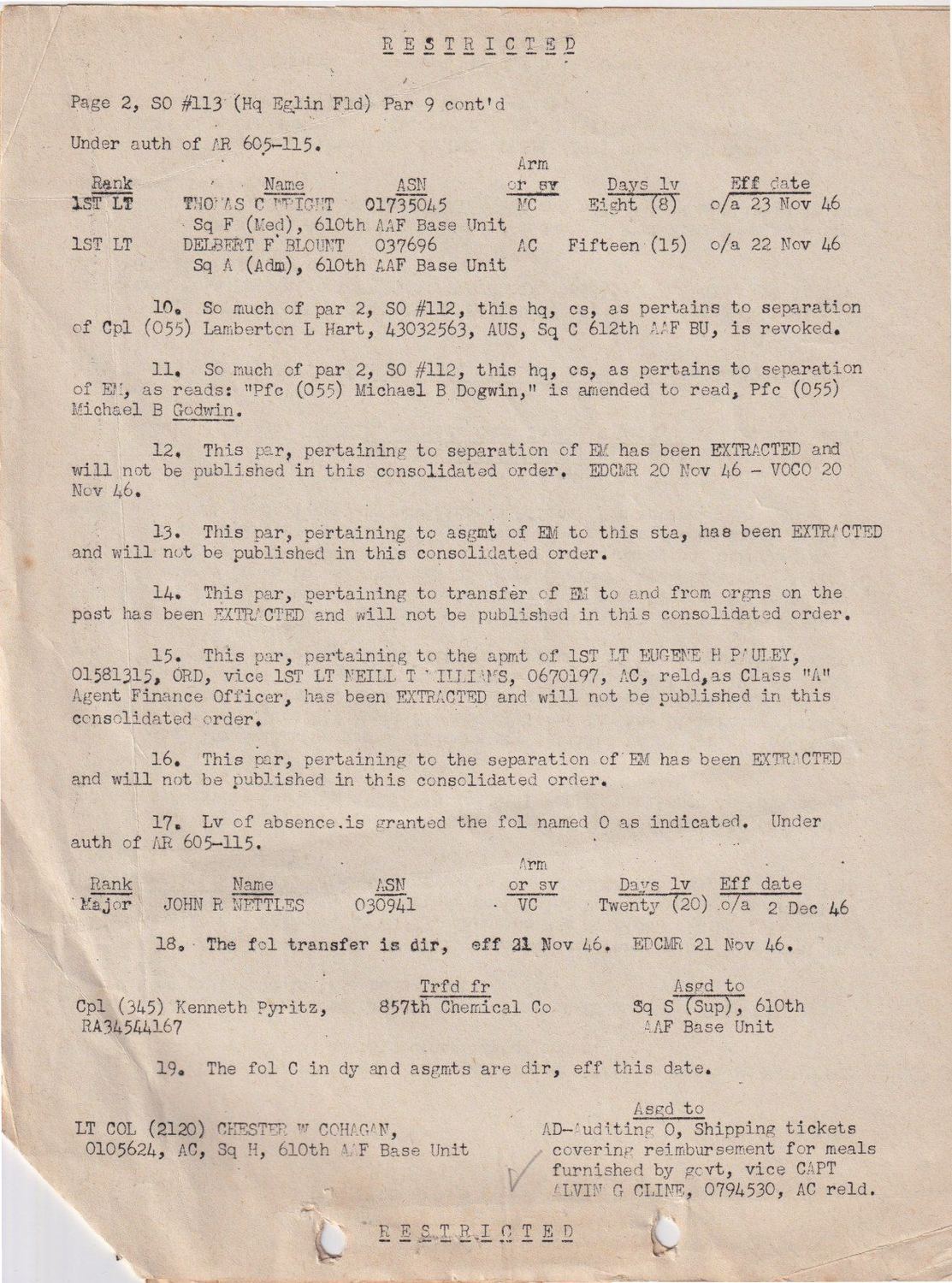 Page 2 of Special Orders 113, Eglin Field, scanned