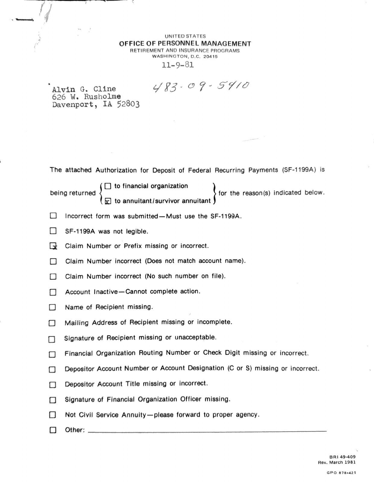 Page 1 of Last document on file, November 1981, scanned