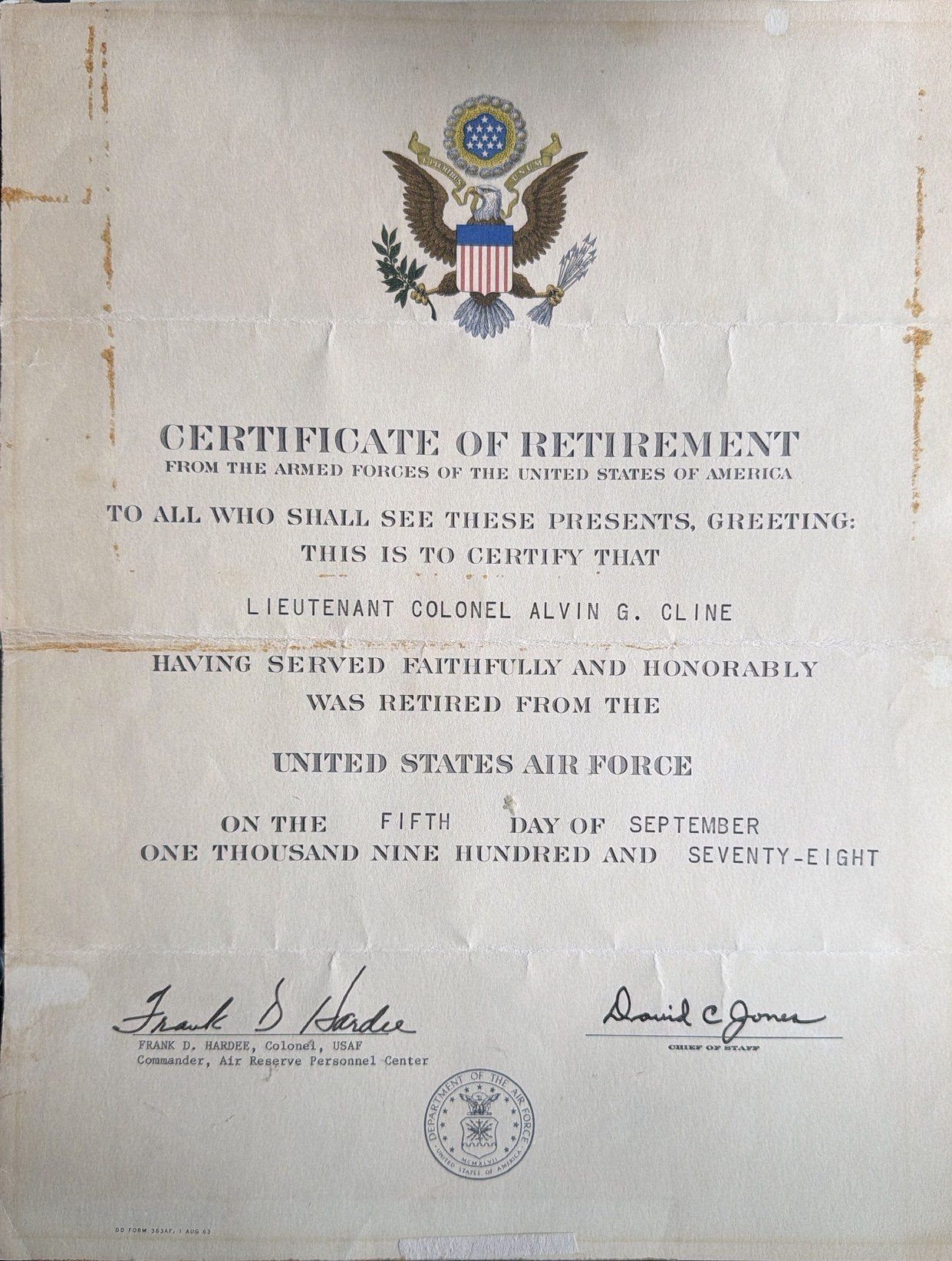 Page 1 of Certificate of Retirement, scanned