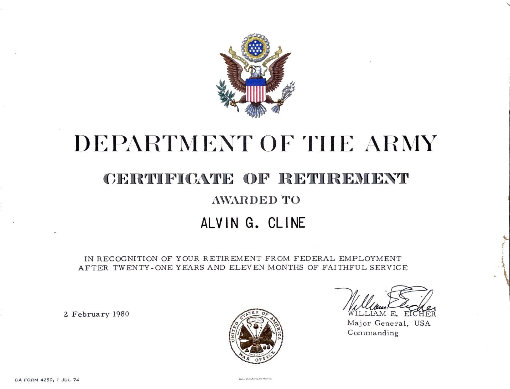 Page 2 of Certificate of Retirement, scanned