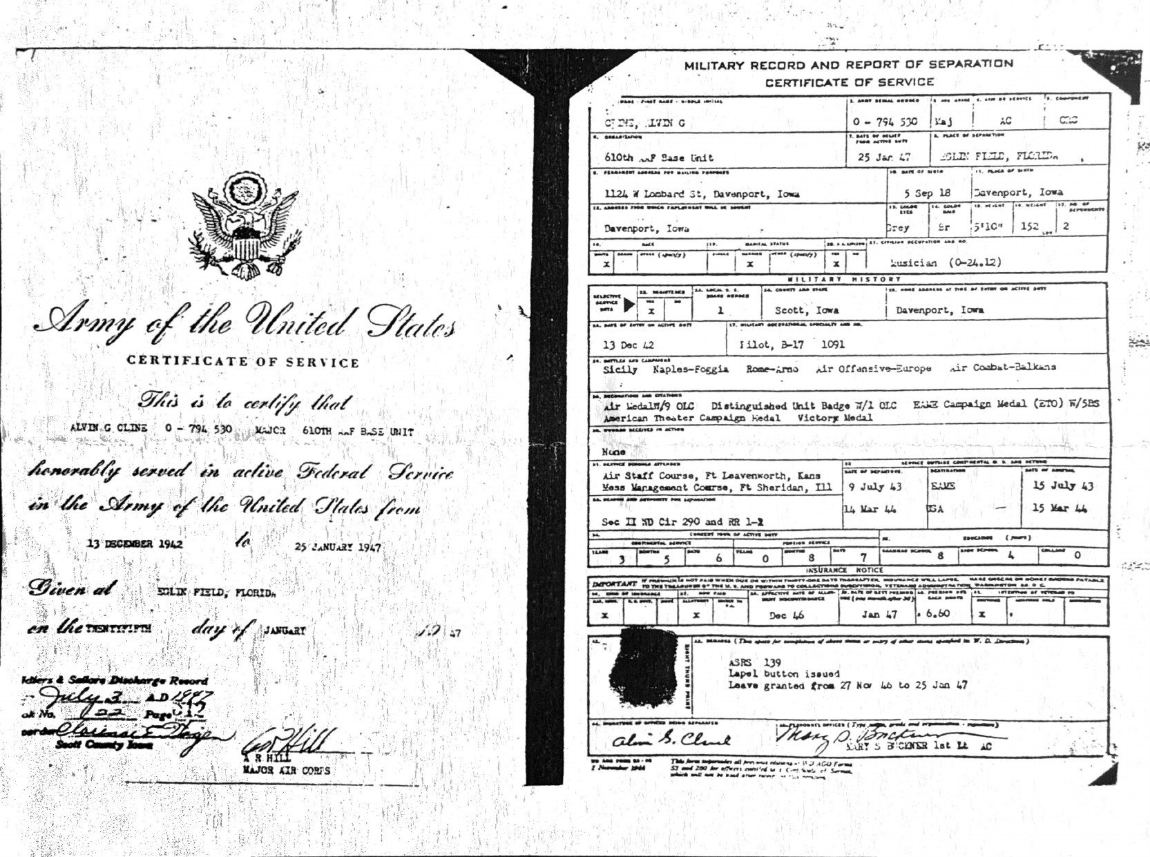 Page 1 of Military Record and Report of Separation, scanned