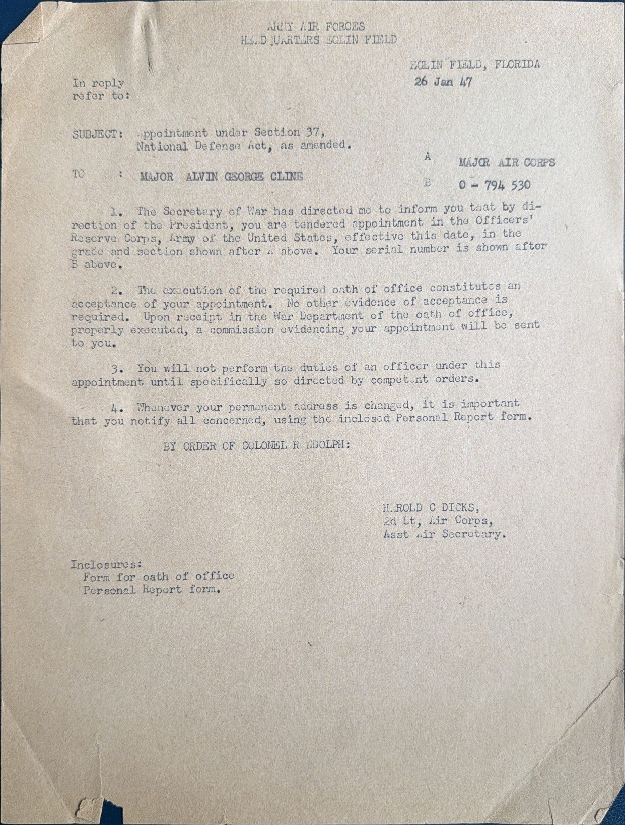 Page 1 of Separation papers, 26 January 1947, scanned