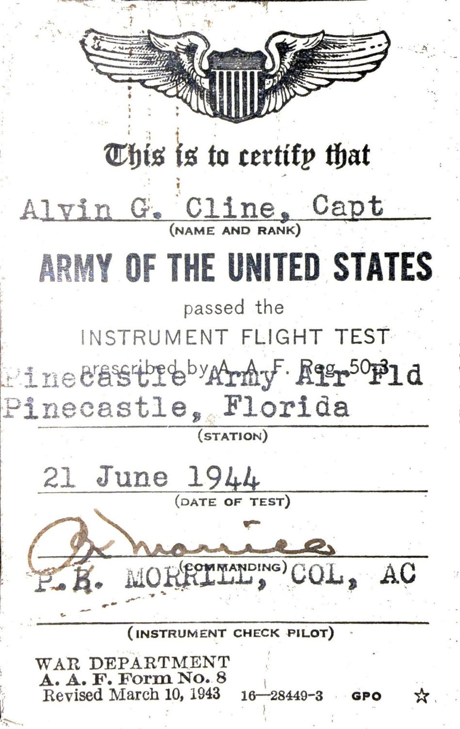 Page 1 of Instrument flight test certificate, scanned